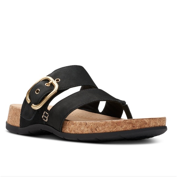 Clarks Shoes - NIB Clarks Reileigh Park Nubuck Leather Thong Sandals Black Size 10